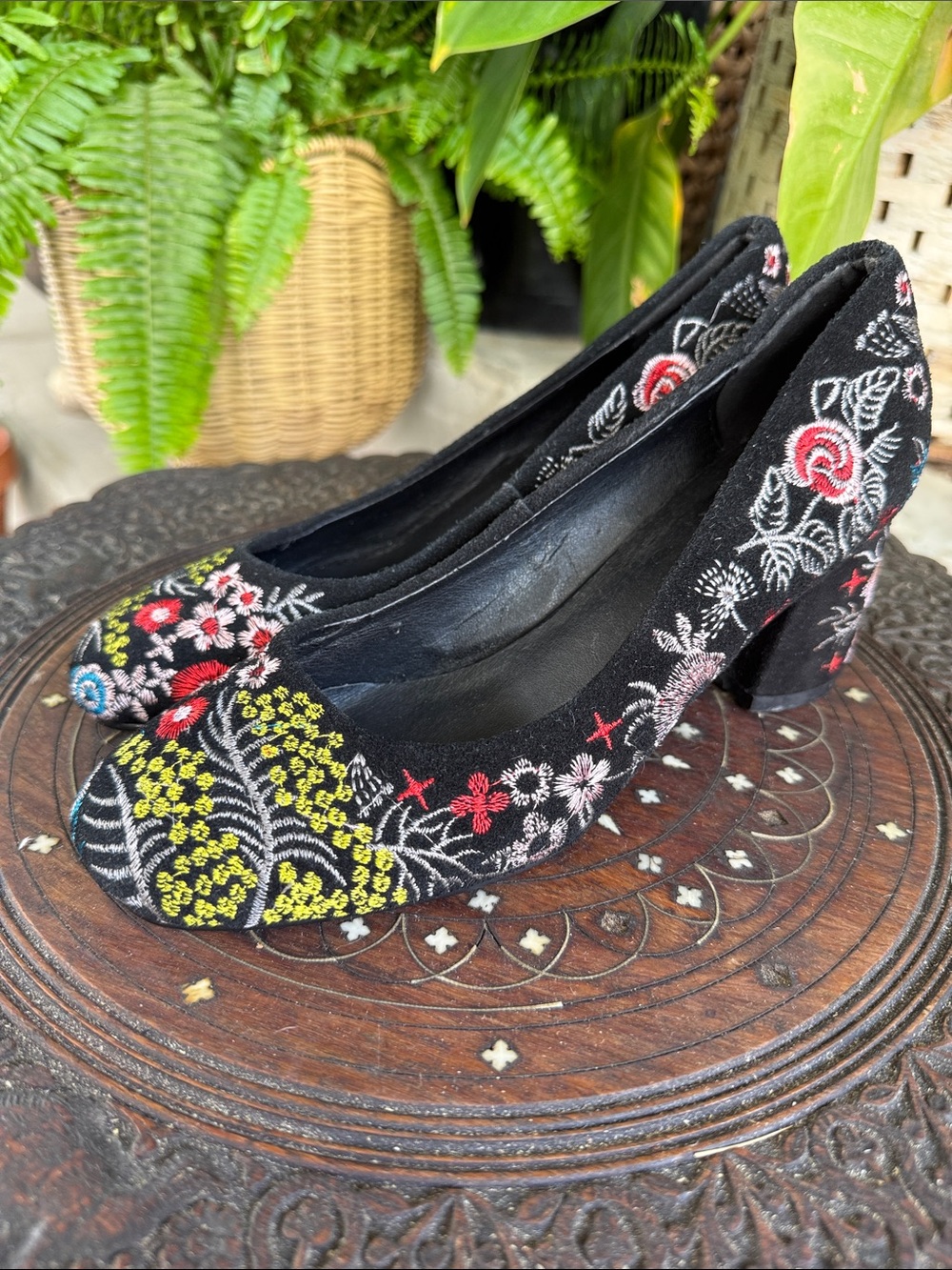 Black Embroidered Floral Block Heel Pumps